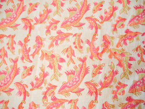 Tissu Poissons rose & orange / coloris blanc / 60s - Block print